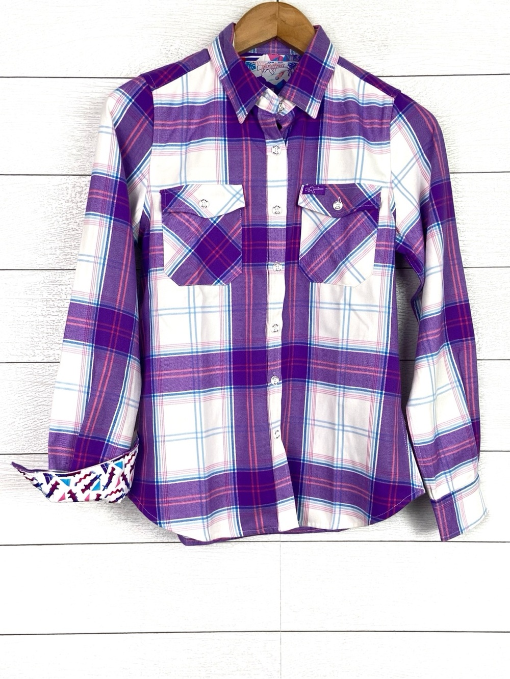 RETRO RIFLE Prehistoric Flannel Button Up Shirt Womens Purple Plaid Small